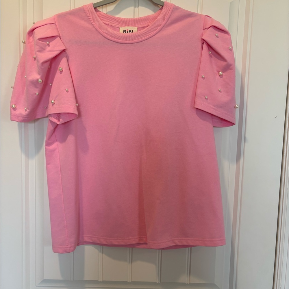 BiBi Pink Short Sleeve Top with Pearl Details